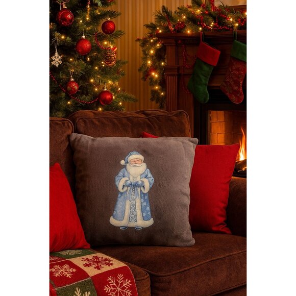 Blue Santa Chenille  18"x18" Accent Pillow Handcrafted Christmas Home Décor - Picture 2 of 7